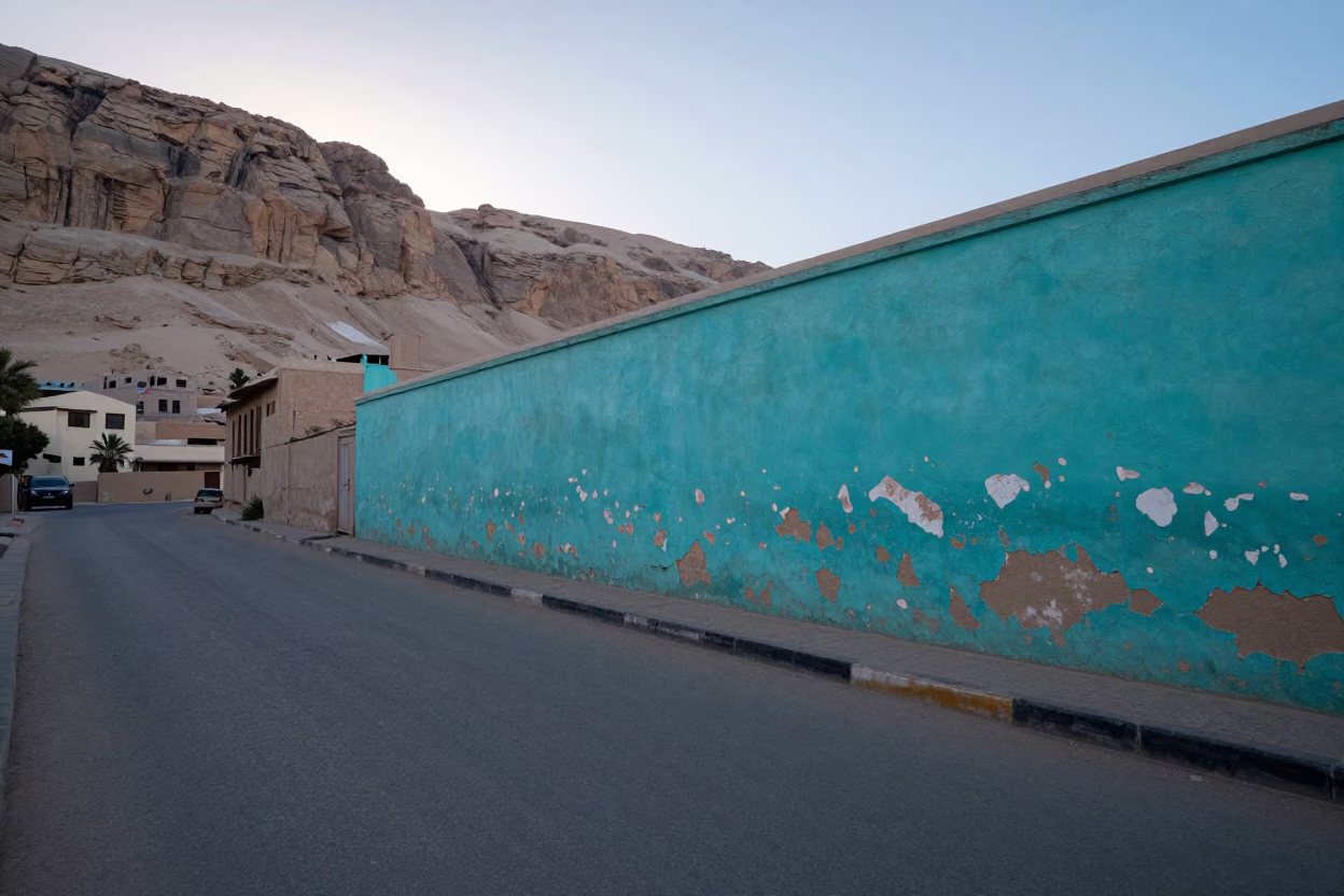 Early Morning Luxor Street Scene with Peeling Turquoise Paint and Cliff Face in in Luxor, Egypt