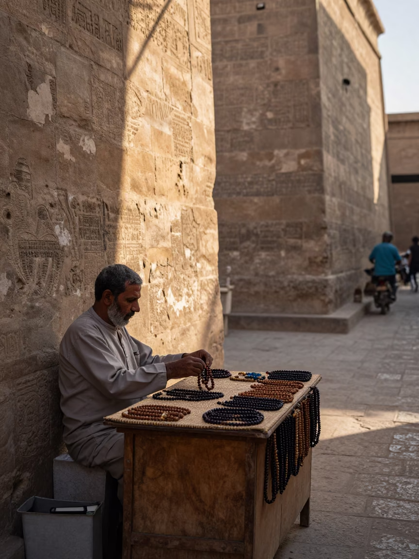Early Morning Luxor Street Scene with Prayer Beads and Potted Herbs in in Luxor, Egypt