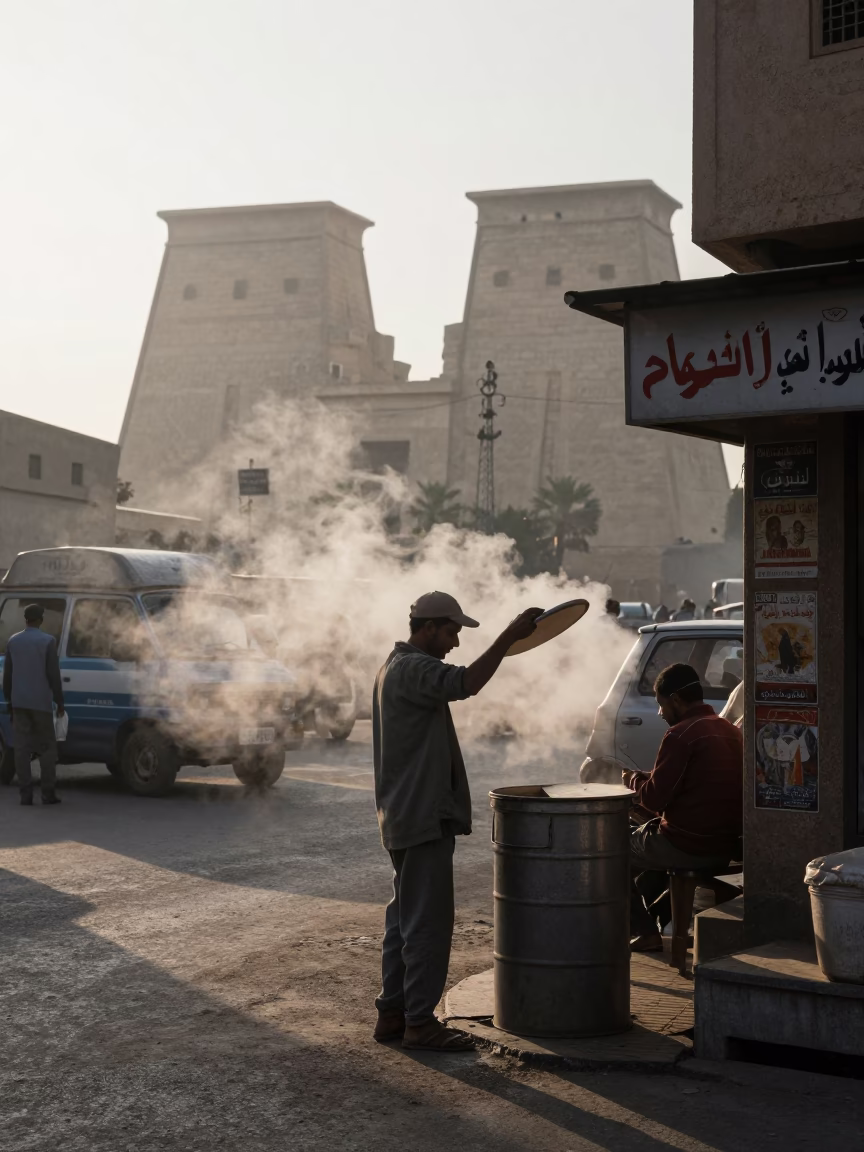 Early Morning Luxor Street Scene with Steam Haze and Local Activity in in Luxor, Egypt