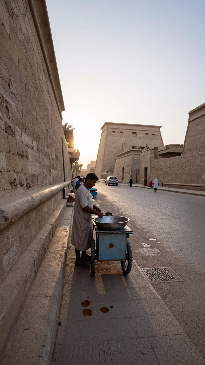 Early Morning Luxor Street Scene with Tea Stains and Local Commerce in in Luxor, Egypt