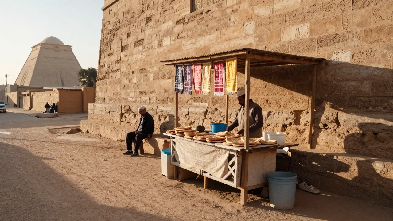 Early Morning Luxor Street Scene with Tea Towel and Kitchen Utensils Outside Traditional Home in in Luxor, Egypt