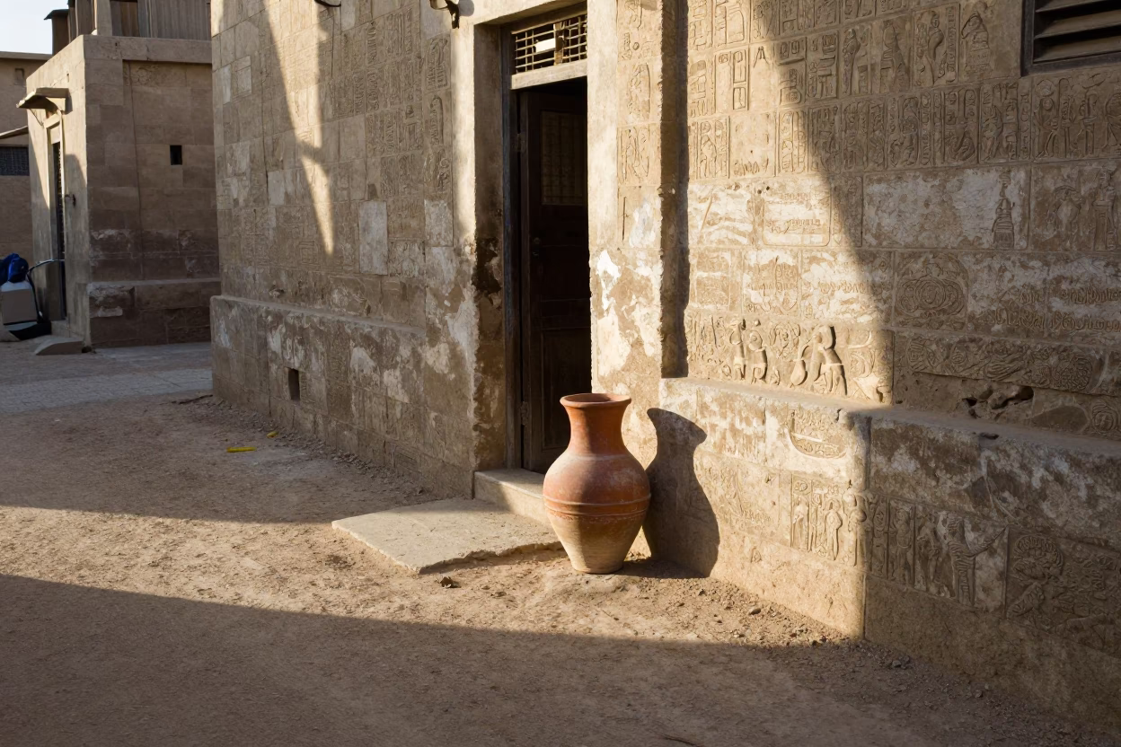 Early Morning Luxor Street Scene with Terracotta Pot and Local Vendor Interaction in in Luxor, Egypt