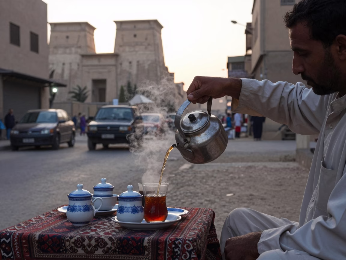 Early Morning Luxor Street Scene with Traditional Tea Service and Local Architecture in in Luxor, Egypt