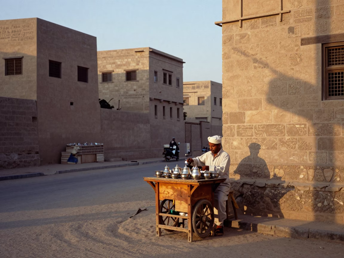Early Morning Luxor Street Scene with Traditional Tea Service and Local Commerce in in Luxor, Egypt