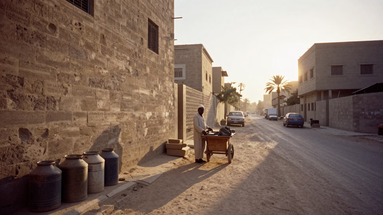 Early Morning Luxor Street Scene with Vintage Canisters and Local Market Activity in in Luxor, Egypt