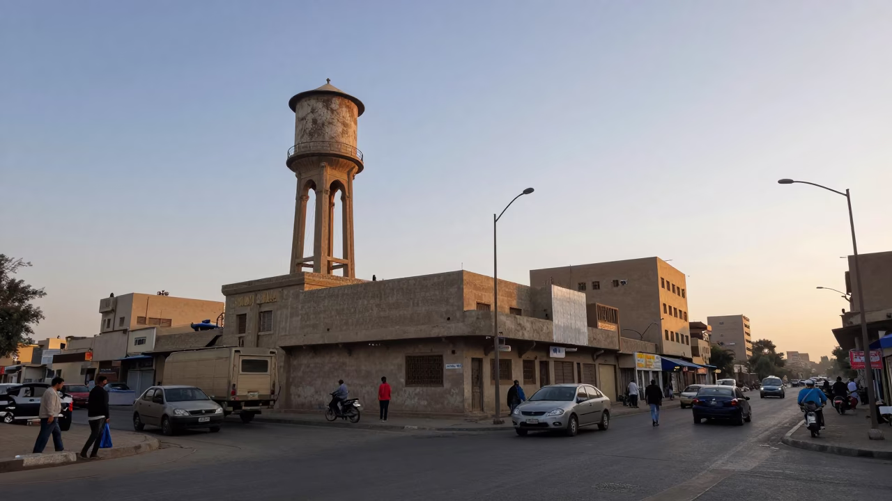 Early Morning Luxor Street Scene with Water Tower and Chain Ferry in Background in in Luxor, Egypt
