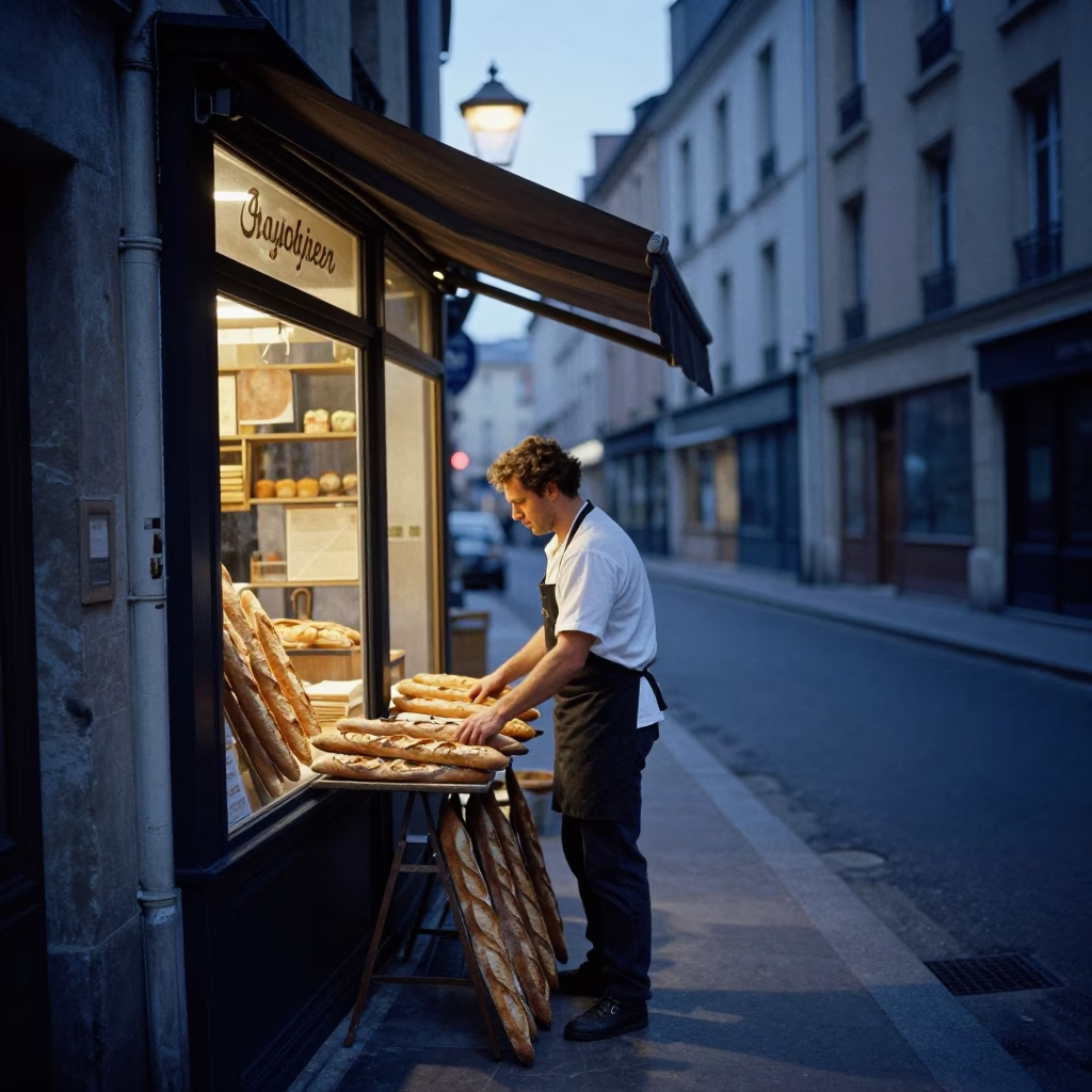 Early Morning Lyon Bakery Scene with Fresh Baguettes Before Dawn in in Lyon, France