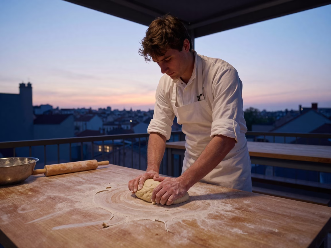 Early Morning Lyon Bakery Worker Preparing Dough Before Sunrise in in Lyon, France