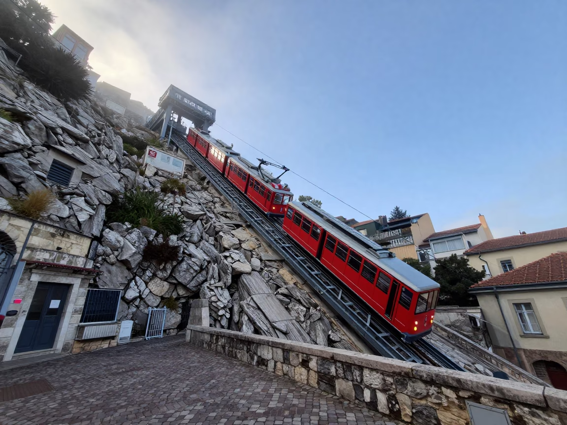 Early Morning Lyon France Funicular Climbing Steep Hill Past Weathered Stone Buildings in in Lyon, France