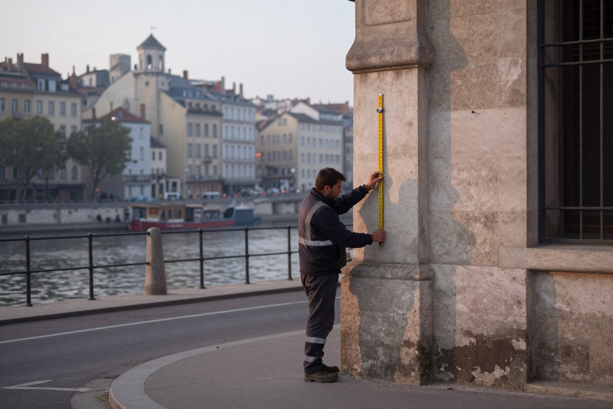 Early Morning Lyon France Street Scene with Folding Ruler and Urban Details in in Lyon, France