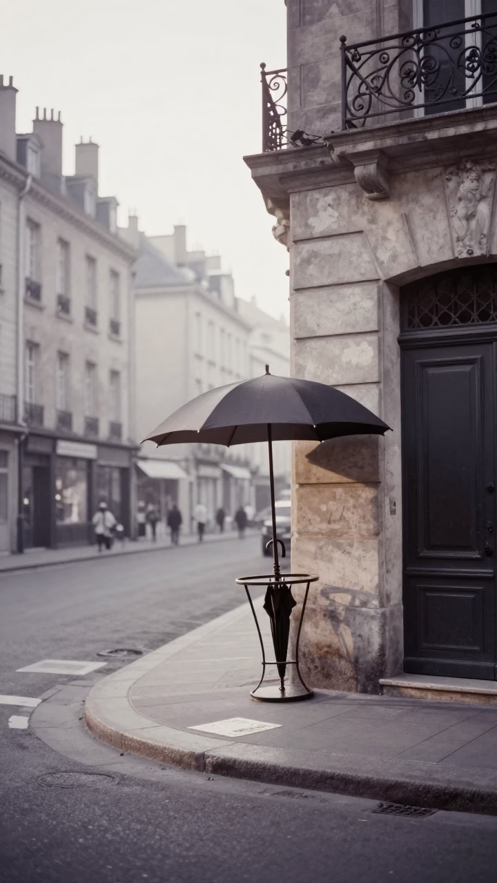 Early Morning Lyon France Street Scene with Umbrella Stand and Bottle in in Lyon, France