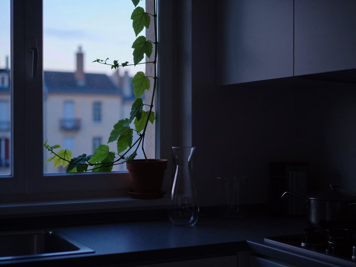 Early Morning Lyon Kitchen Scene with Vine and Carafe Before Sunrise in in Lyon, France