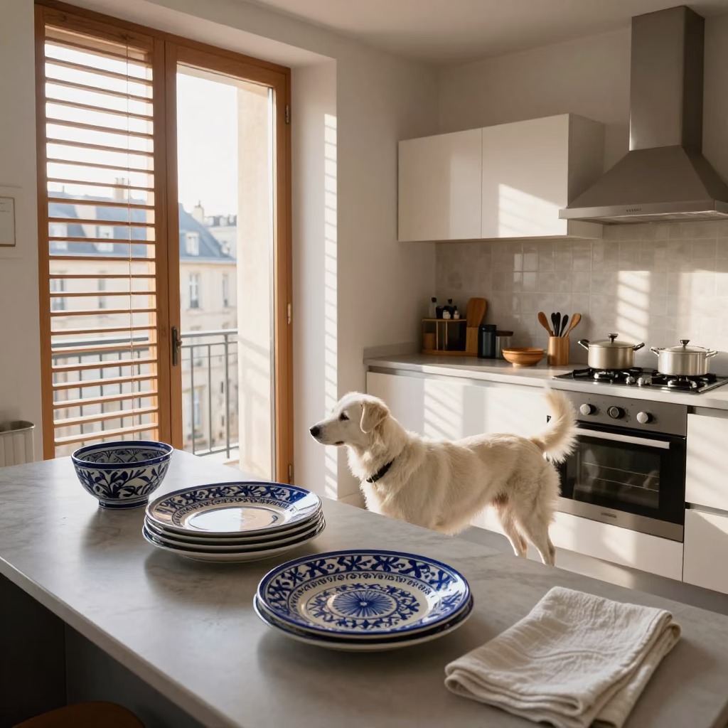 Early Morning Lyon Kitchen with White Dog and Majolica Plates in in Lyon, France