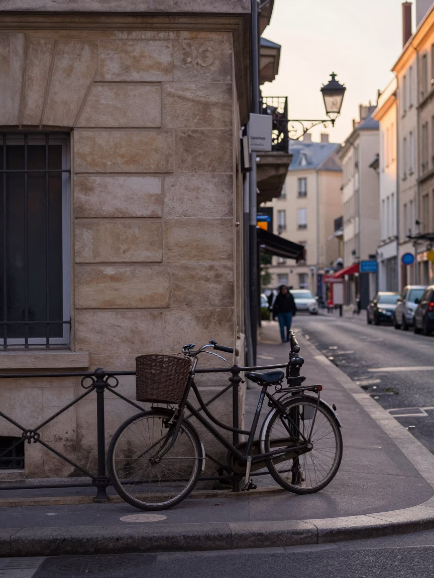 Early Morning Lyon Street Scene with Bicycle Basket and Geraniums in in Lyon, France