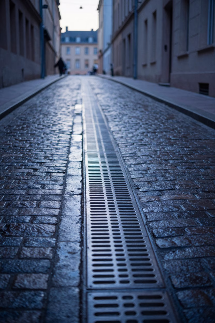 Early Morning Lyon Street Scene with Brushed Steel Drain and Urban Dawn Light in in Lyon, France