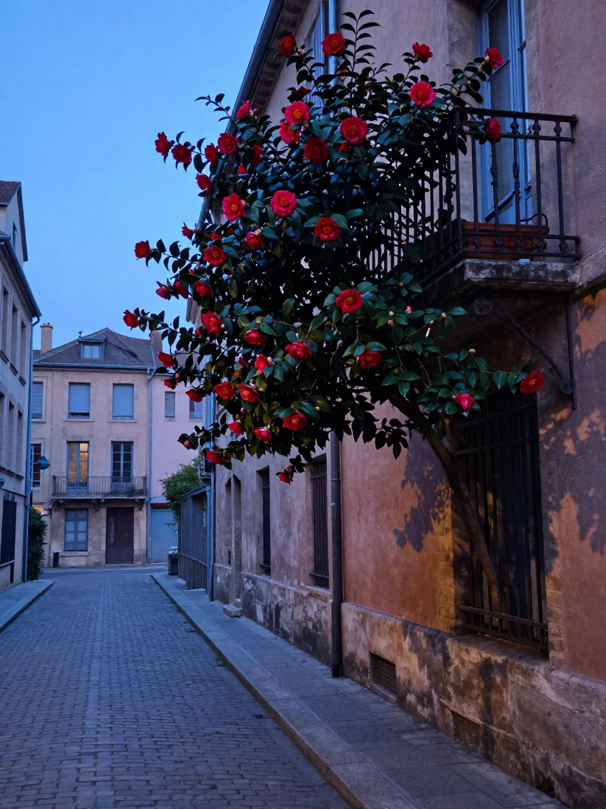 Early Morning Lyon Street Scene with Camellia and Vintage Bicycle in in Lyon, France