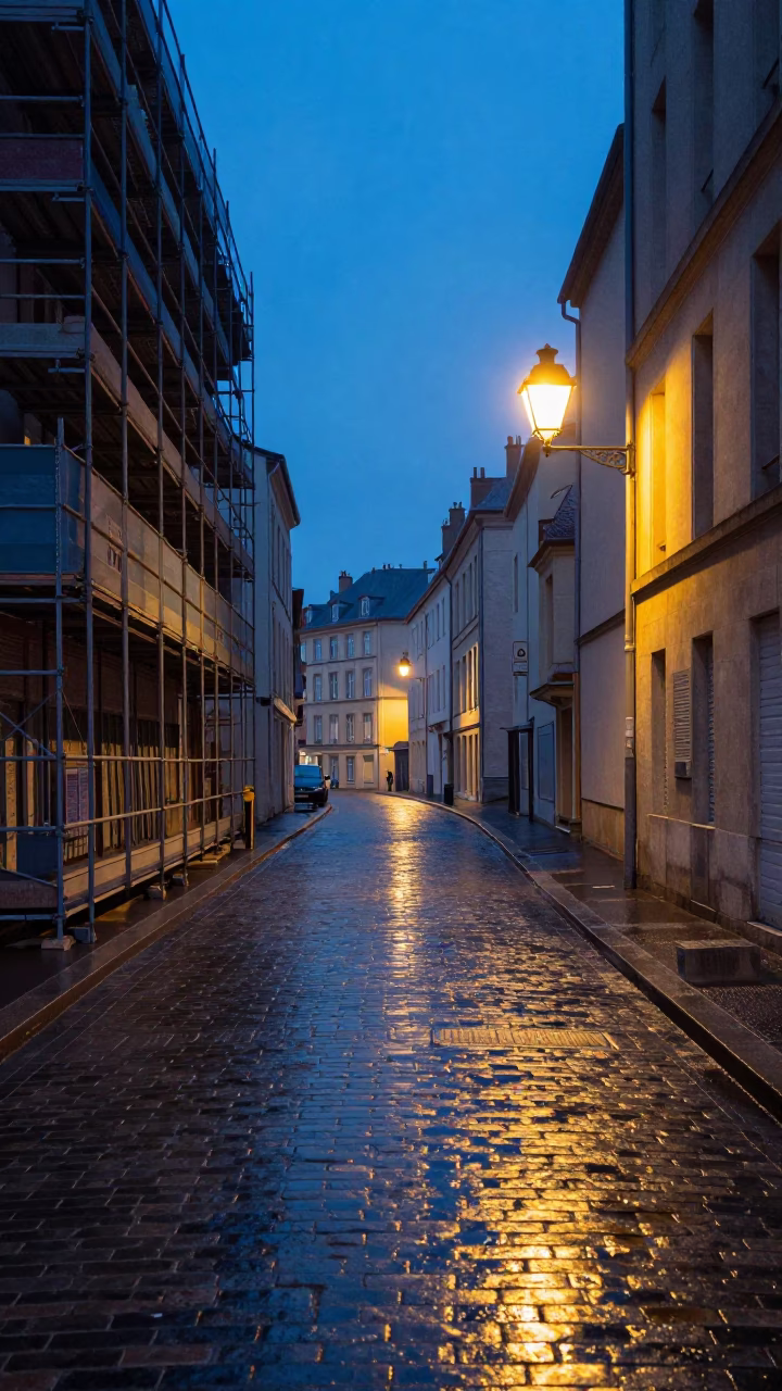 Early Morning Lyon Street Scene with Construction Scaffold and Umbrellas Before Sunrise in in Lyon, France