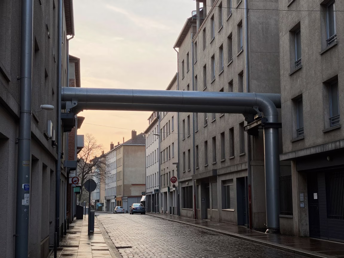 Early Morning Lyon Street Scene with District Heating Pipes and Vespa Reflection in in Lyon, France