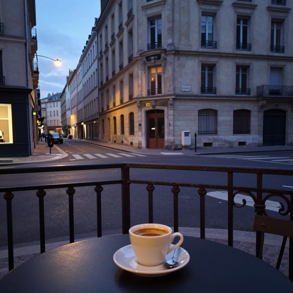 Early Morning Lyon Street Scene with Espresso Cup and Jar Before Sunrise in in Lyon, France