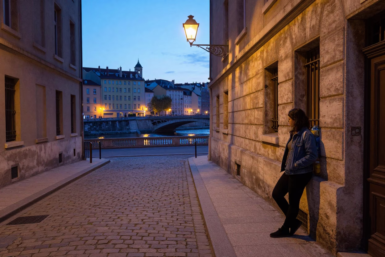 Early Morning Lyon Street Scene with Glass Jar and Steel Bands in in Lyon, France