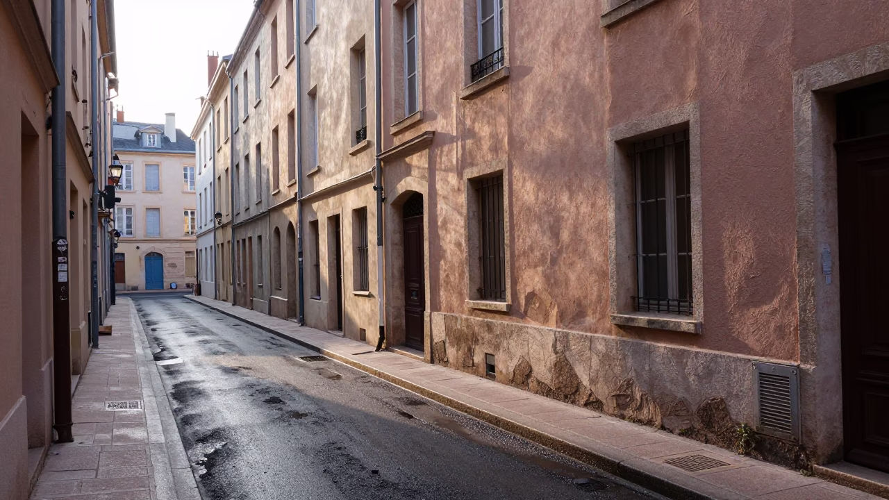 Early Morning Lyon Street Scene with Grease Sheen on Plaster Wall and Kitchen Utensil in in Lyon, France