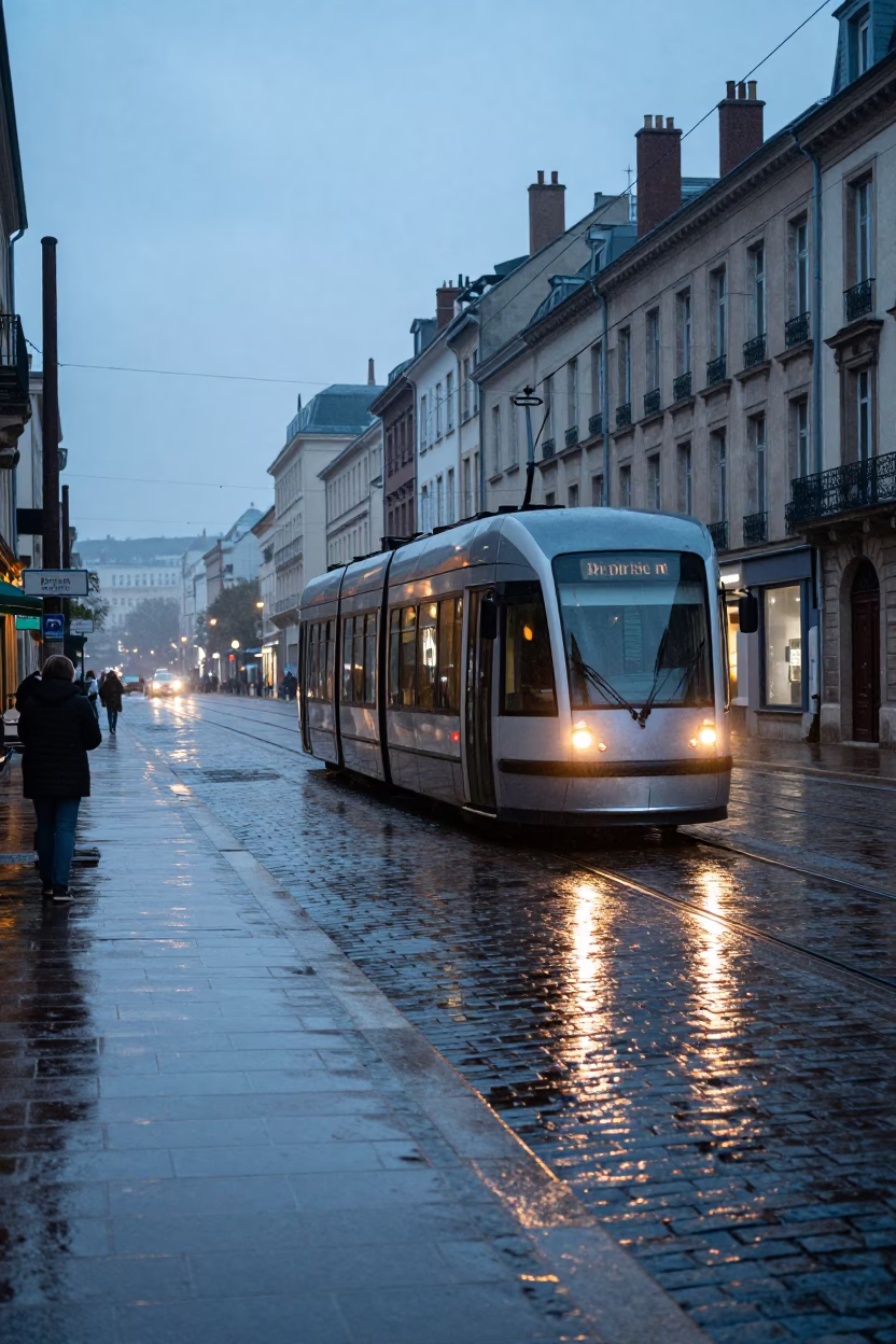 Early Morning Lyon Street Scene with Heritage Tram and Condensation on Bowl in in Lyon, France