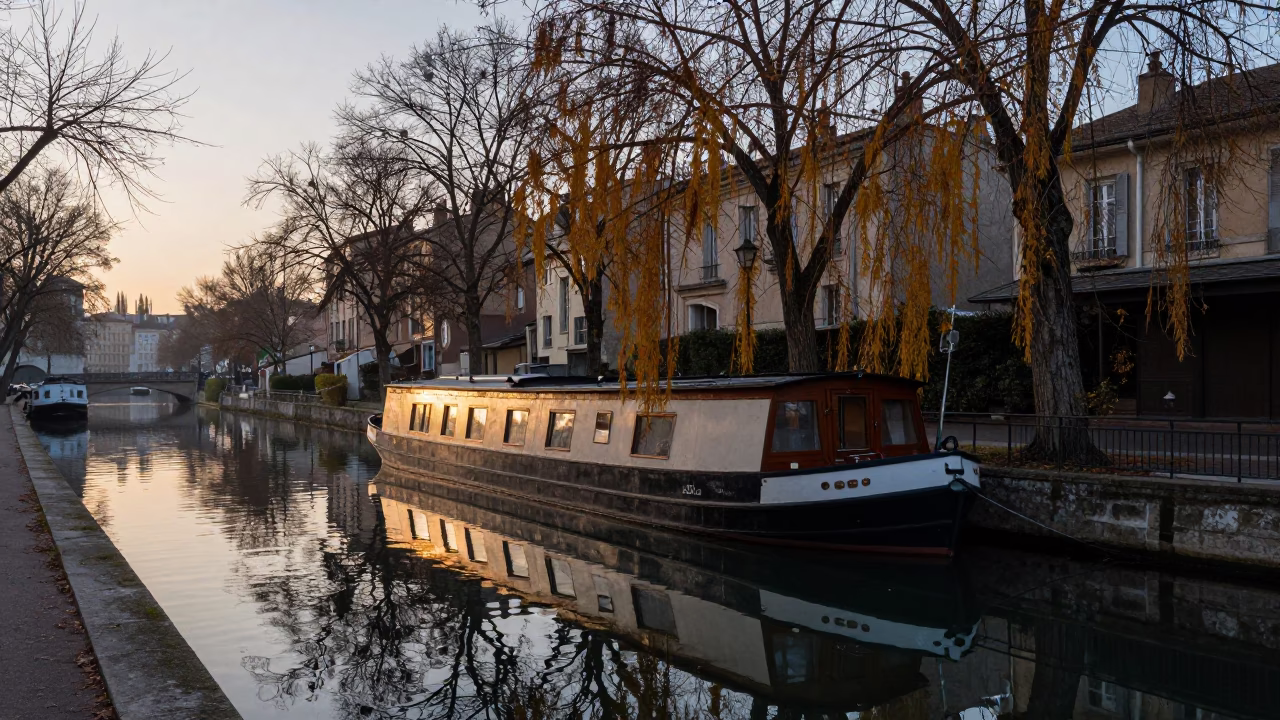 Early Morning Lyon Street Scene with Houseboat and Canal Under Autumn Willows in in Lyon, France