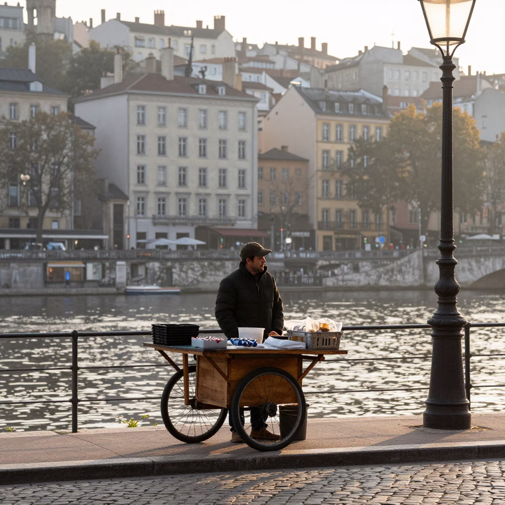 Early Morning Lyon Street Scene with Local Vendor and Scarf in in Lyon, France