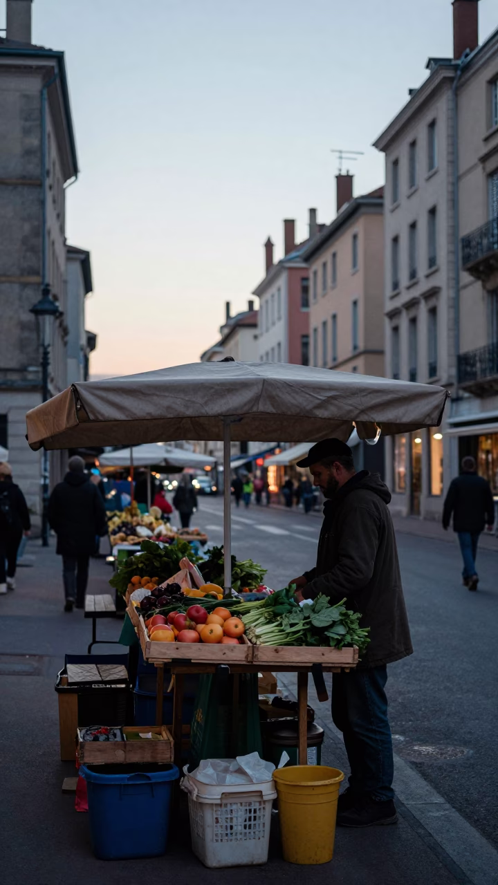Early Morning Lyon Street Scene with Market Vendor and Poodle Before Sunrise in in Lyon, France