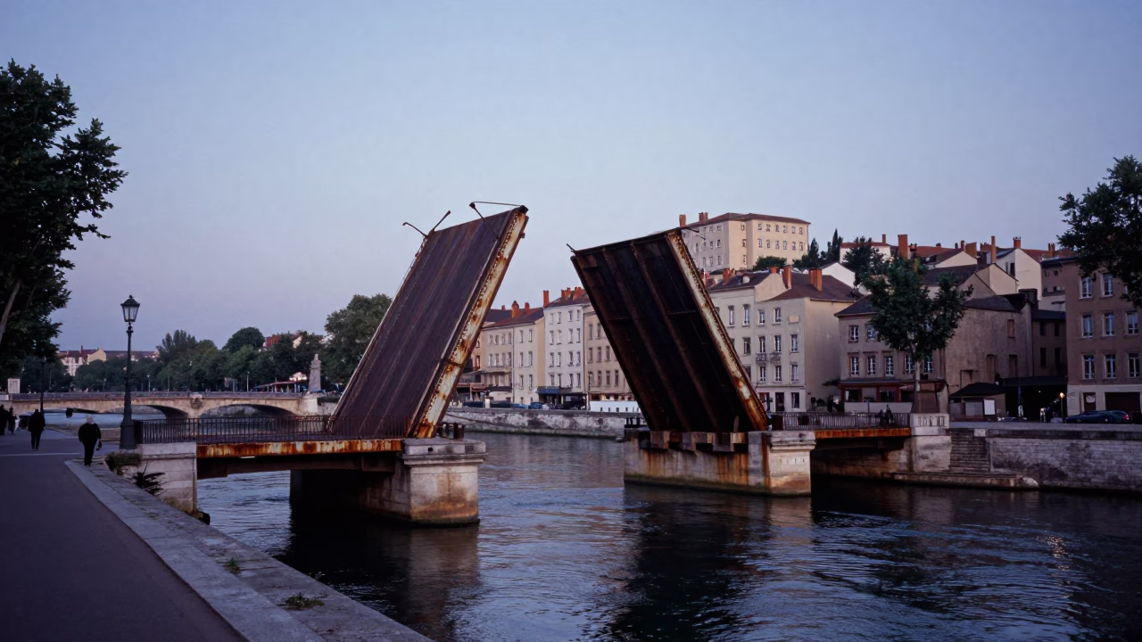 Early Morning Lyon Street Scene with Rusted Drawbridge and Misty Riverbank in in Lyon, France
