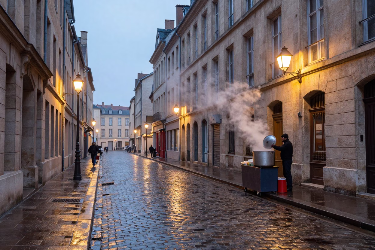 Early Morning Lyon Street Scene with Steam and Local Market Activity in in Lyon, France