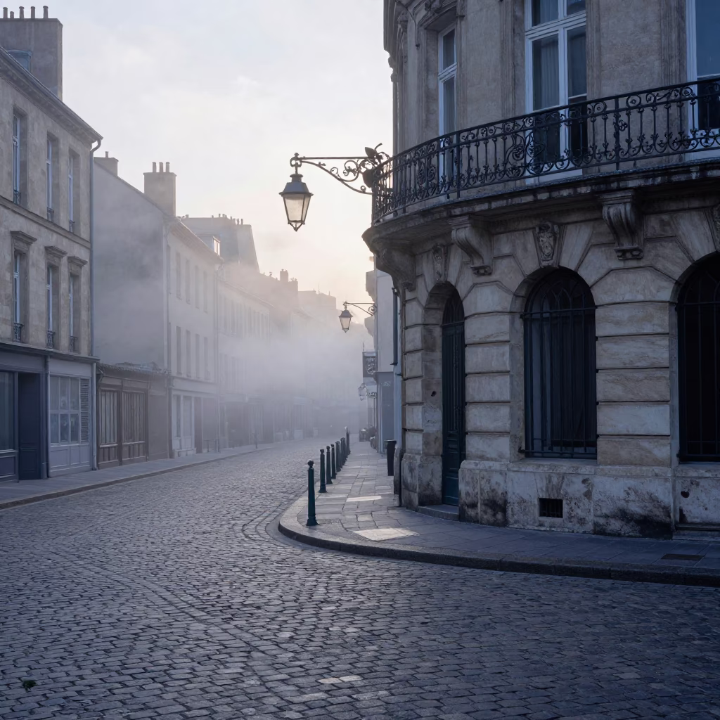 Early Morning Lyon Street Scene with Steam and Stone Architecture Before Sunrise in in Lyon, France