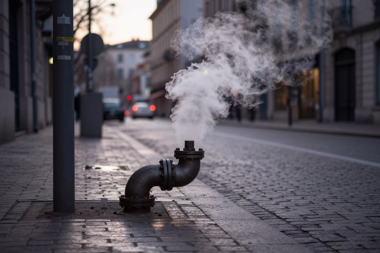 Early Morning Lyon Street Scene with Steaming District Heating Pipe and Frost in in Lyon, France