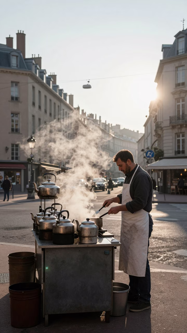 Early Morning Lyon Street Scene with Tea Kettles and Condensation on Stool in in Lyon, France
