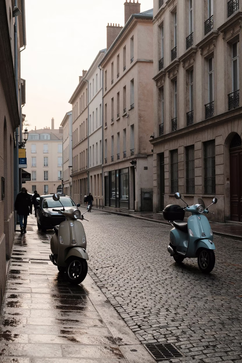 Early Morning Lyon Street Scene with Vespas and Historic Stone Architecture in in Lyon, France