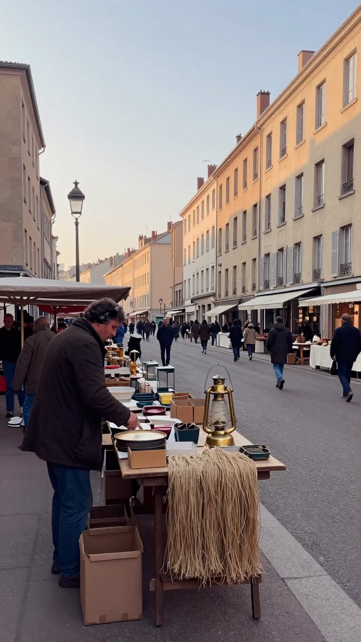 Early Morning Lyon Street Scene with Vintage 1970s Market Stall and Lantern in in Lyon, France