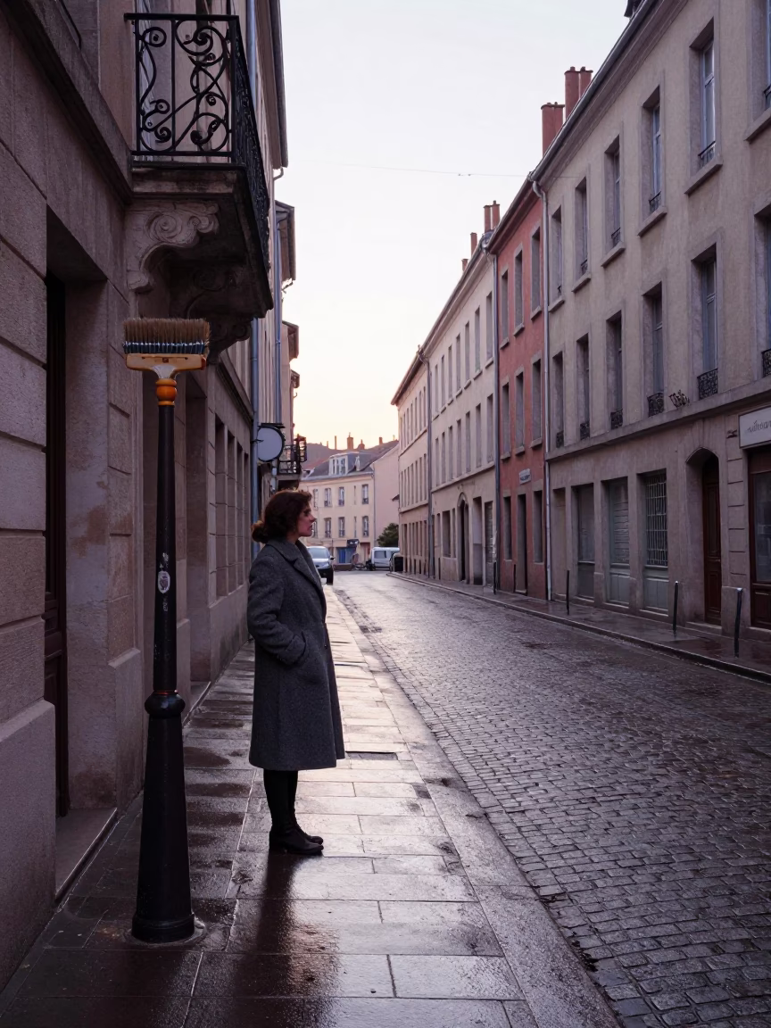Early Morning Lyon Street Scene with Vintage Coat Brush and Apothecary Jar in in Lyon, France
