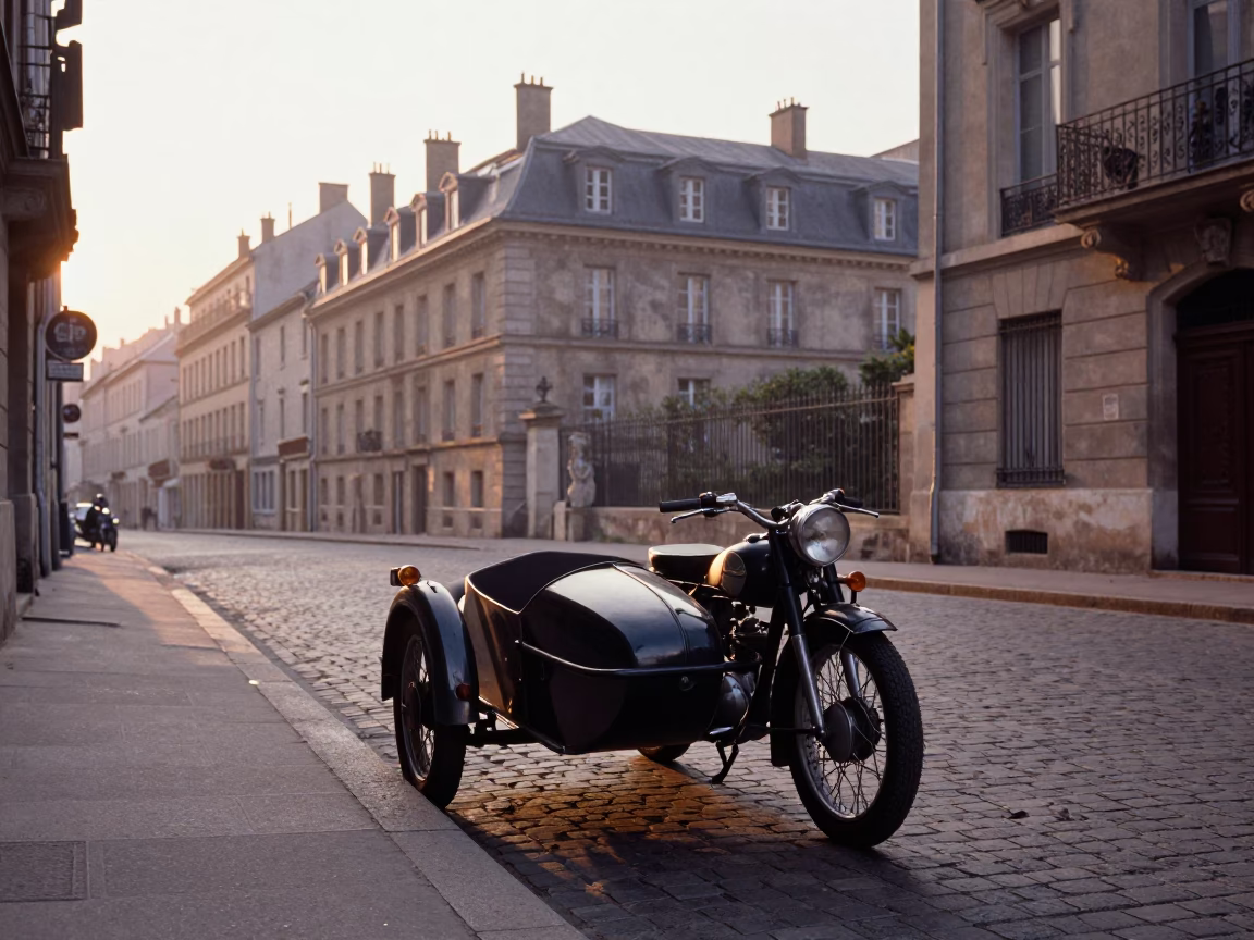 Early Morning Lyon Street Scene with Vintage Motorcycle and Coffee Shop in in Lyon, France