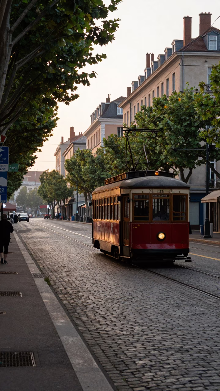 Early Morning Lyon Street Scene with Vintage Tram and Urban Details in in Lyon, France
