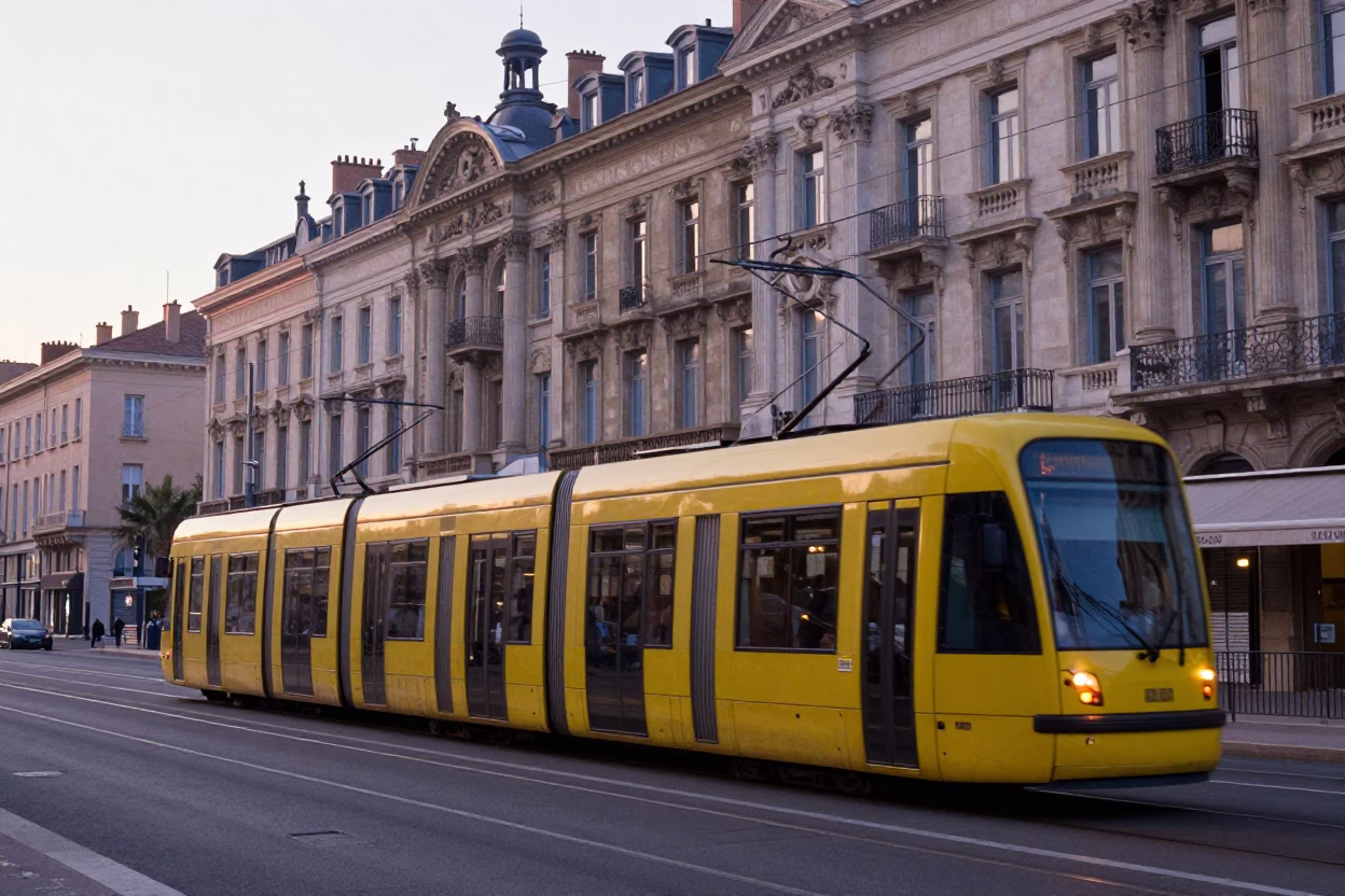 Early Morning Lyon Tram Passing Art Nouveau Façades with Morning Light in in Lyon, France