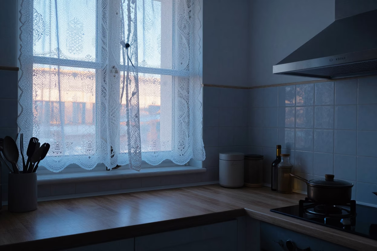 Early Morning Madrid Kitchen with Ceramic Tiles and Morning Light in in Madrid, Spain