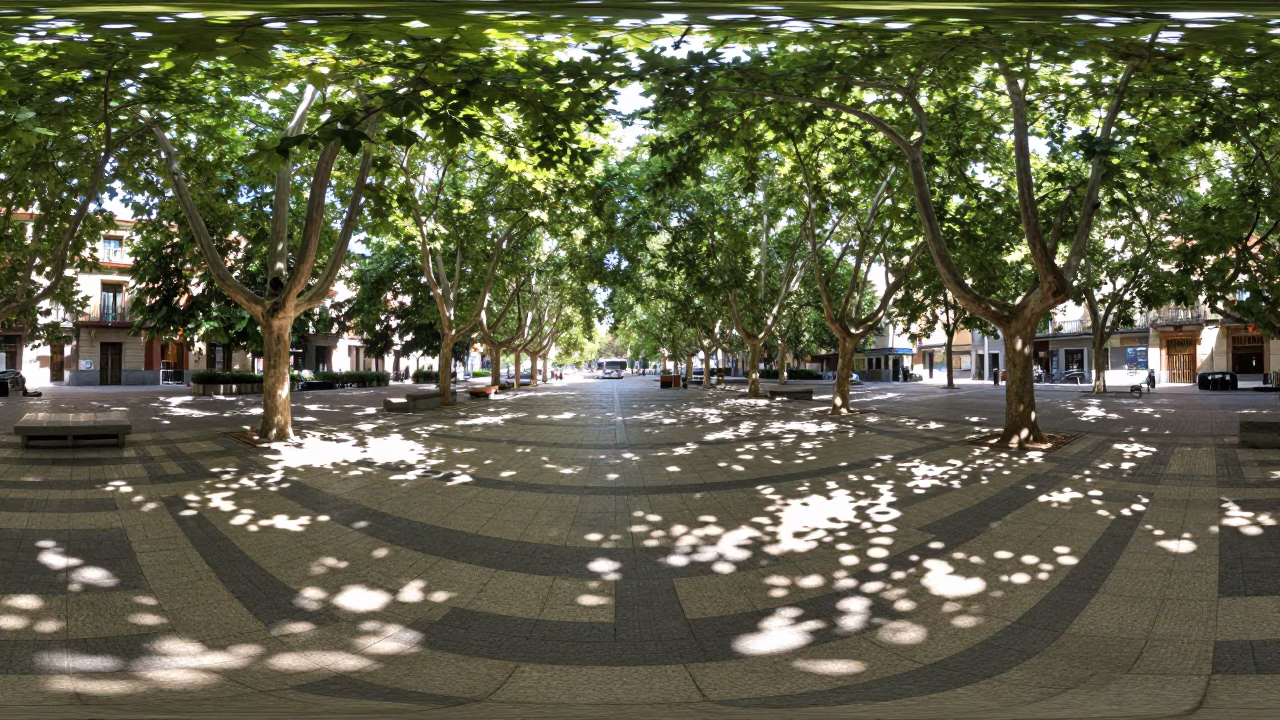 Early Morning Madrid Plaza with Leaf Shadows on Tiled Floor and Fountain Spray in in Madrid, Spain