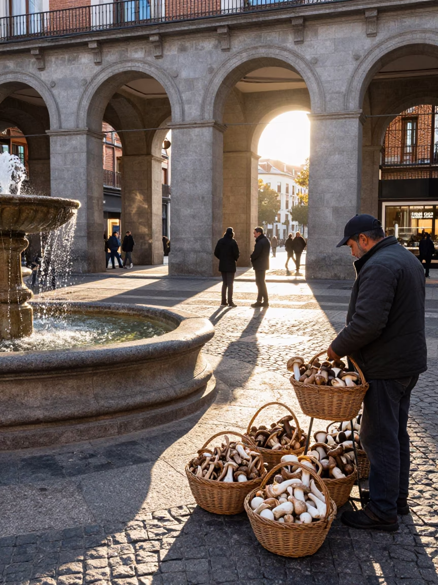 Early Morning Madrid Plaza with Mushrooms and Local Interaction in in Madrid, Spain
