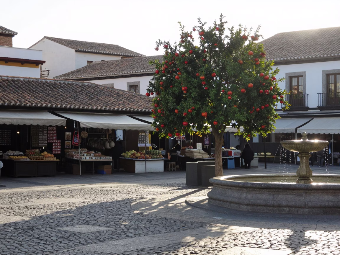 Early Morning Madrid Plaza with Pomegranate Tree and Market Basket in in Madrid, Spain