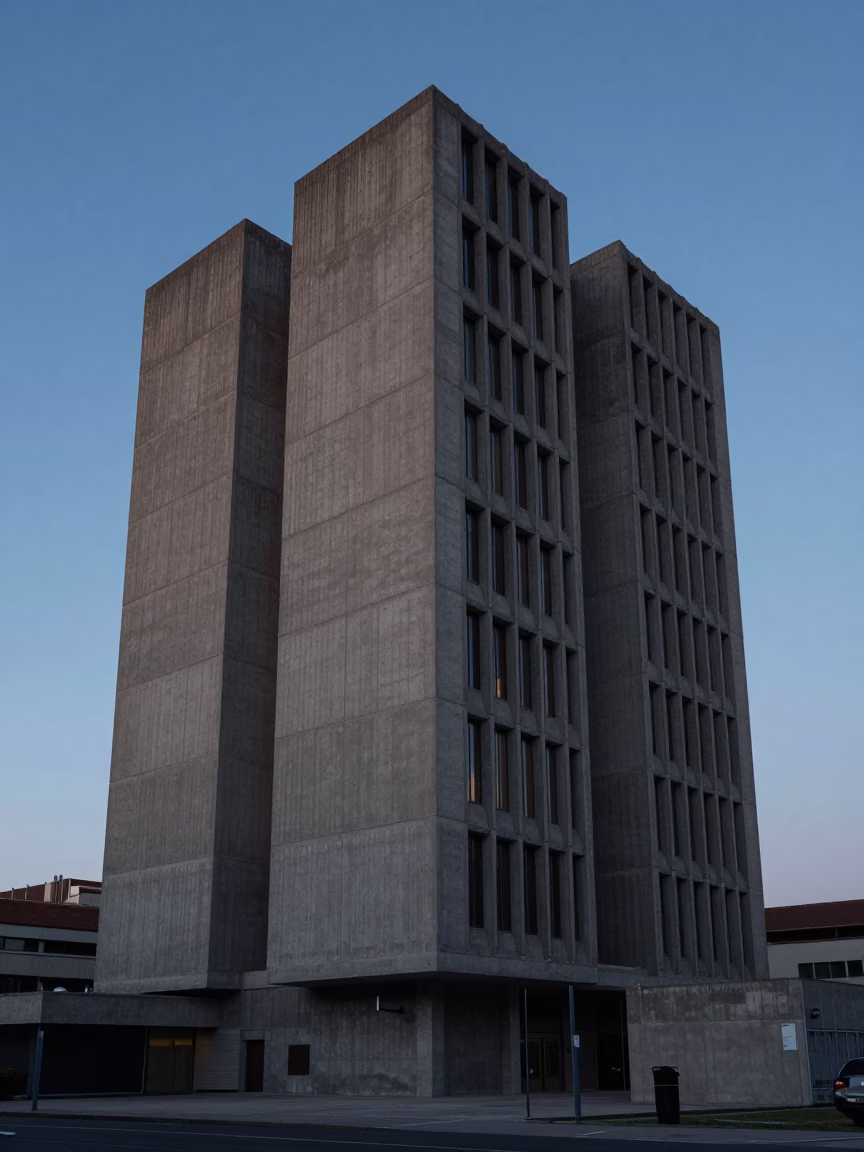 Early Morning Madrid Spain Concrete Brutalist University Building Before Sunrise in in Madrid, Spain