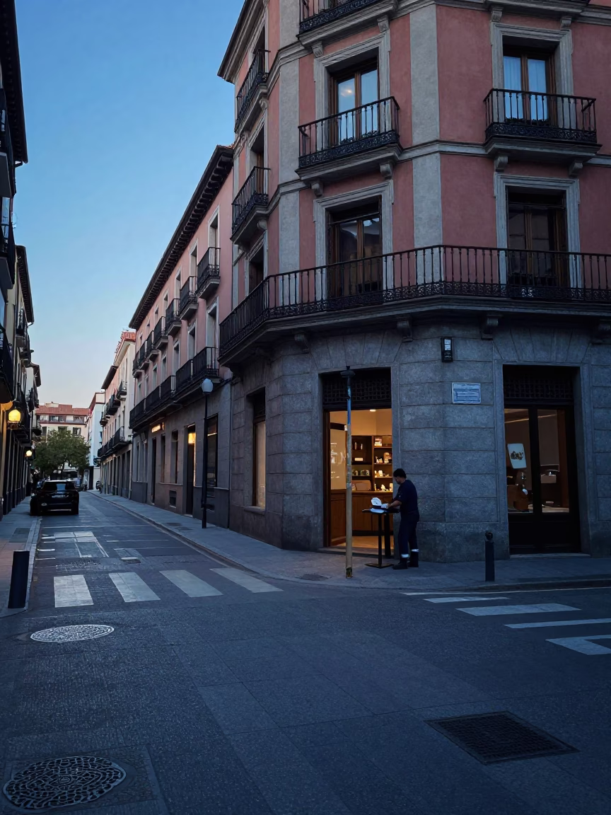 Early Morning Madrid Street Scene Before Sunrise with Local Breakfast Elements in in Madrid, Spain