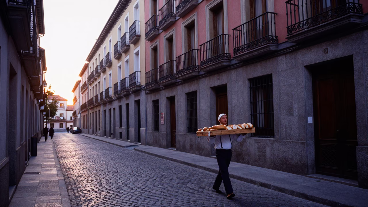 Early Morning Madrid Street Scene Before Sunrise with Vintage Details in in Madrid, Spain