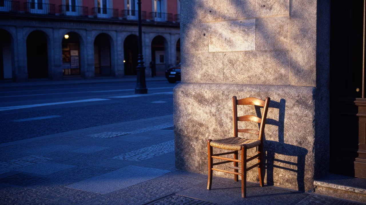 Early Morning Madrid Street Scene Before Sunrise with Wicker Chair Shadow and Urban Architecture in in Madrid, Spain