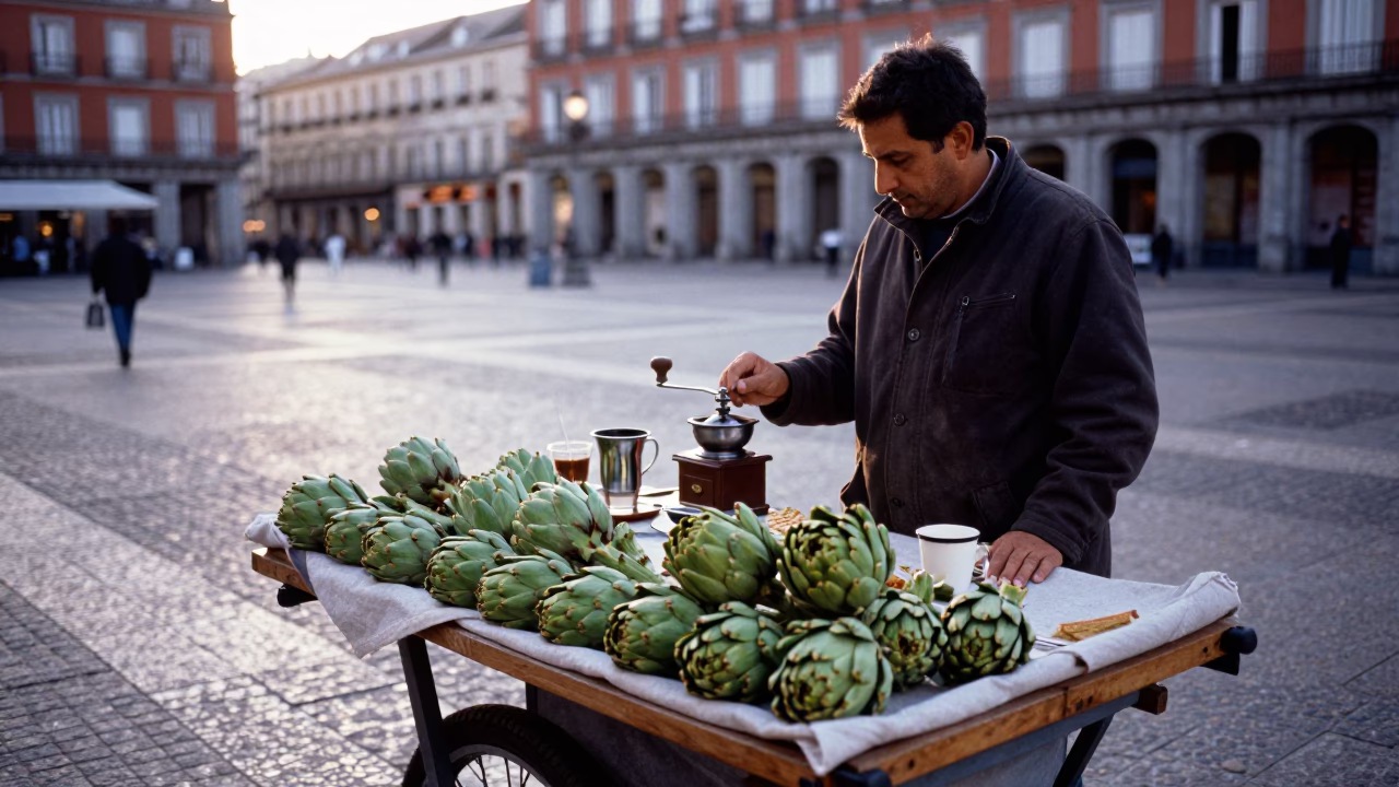 Early Morning Madrid Street Scene with Artichokes and Coffee Grinder in Plaza in in Madrid, Spain