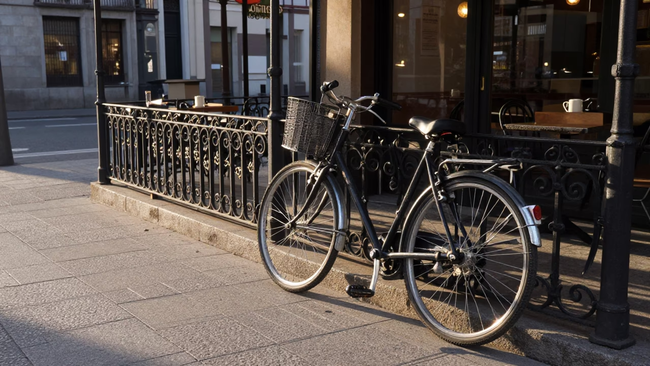 Early Morning Madrid Street Scene with Bicycle and Cafe Exterior in in Madrid, Spain